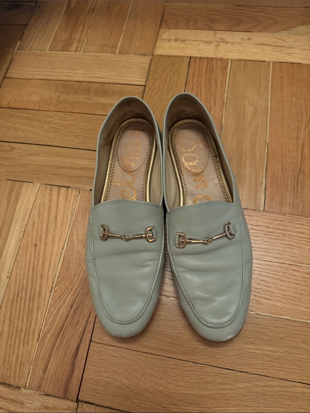 Light Sage Leather Loafers with Gold Bit Detail